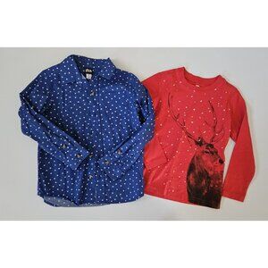 Tea Collection Boys 5 Button Down Top Holiday Reindeer T-Shirt Lot Set